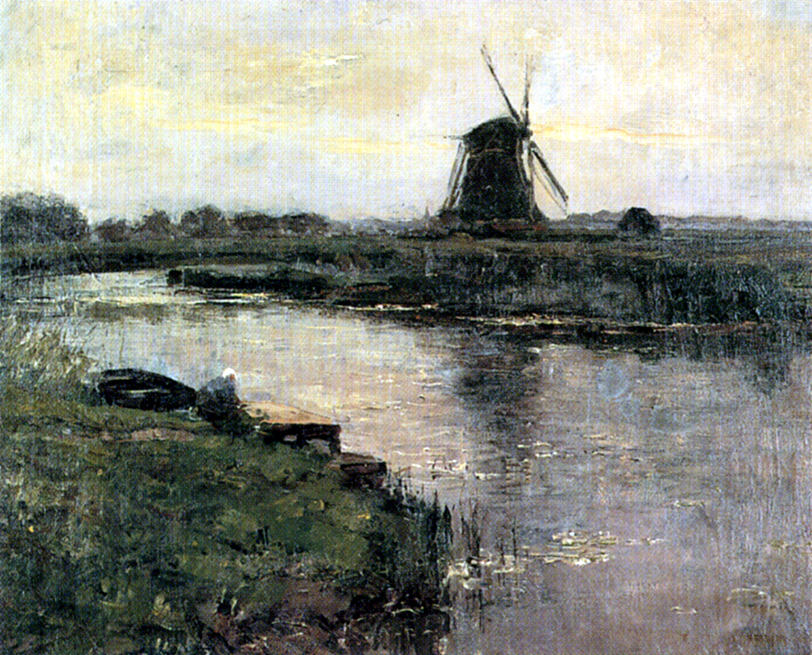 Oostzijdse Mill with Woman at Dock of Landzicht Farm, 1903, Piet Mondrian