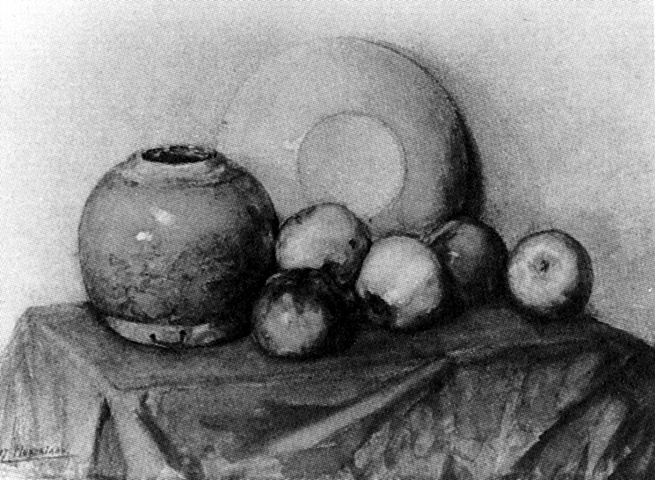 Apples, Round Pot and Plate on a Table, 1901, Piet Mondrian